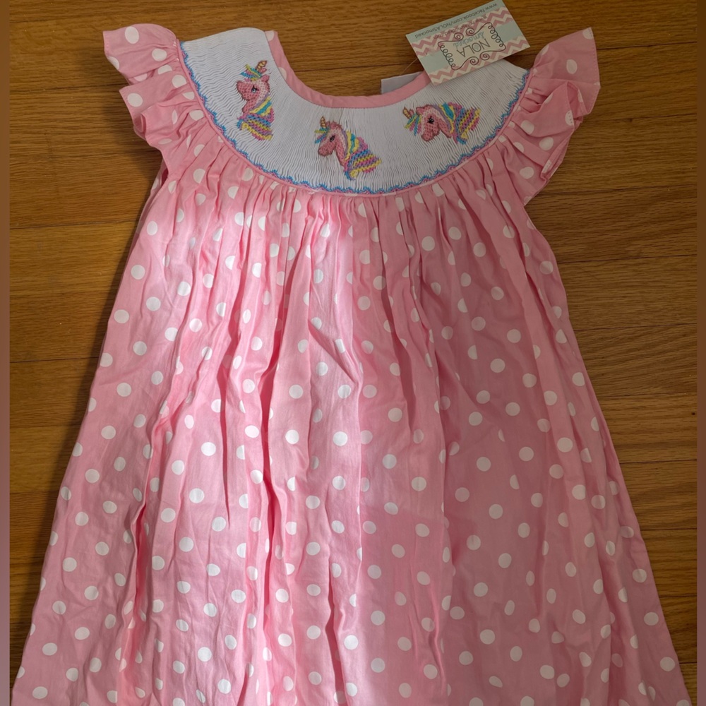 Pink polka dot dress with unicorn embroidery/smocking